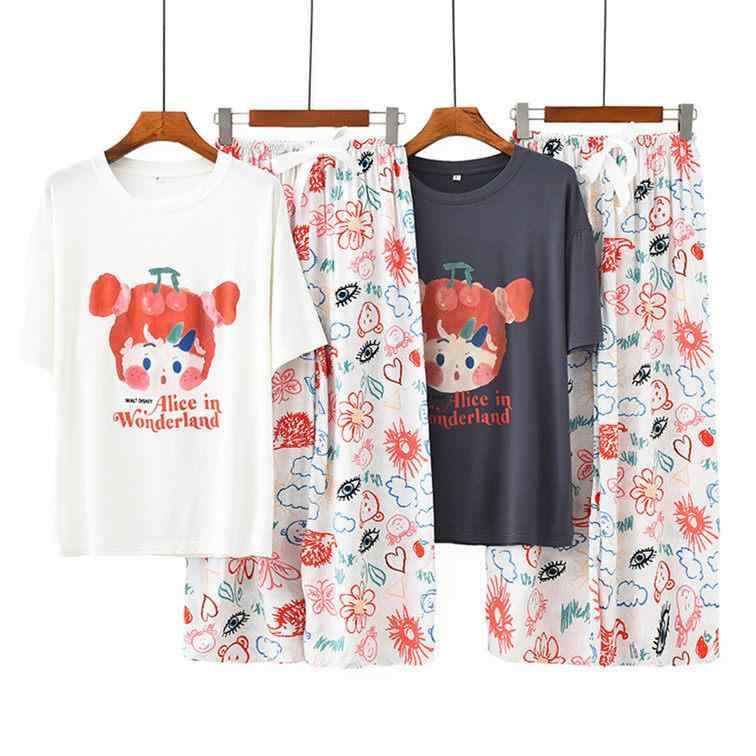 パジャマ レディース かわいい チェリー柄 短袖 ロングパンツ セット 接触冷感 ラウンドネック ゆったり ルームウェア 再生繊維 夏用 ホームウェア