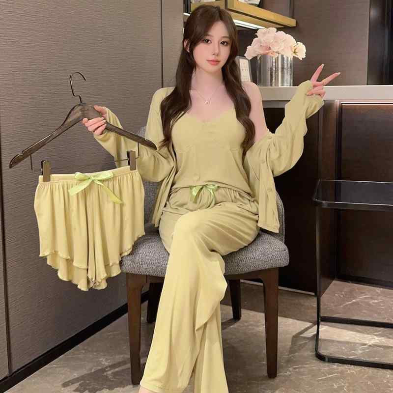 パジャマ 女性用 モダール コットン 薄手 キャミソール 長袖トップス ロングパンツ セクシー 4点セット 春夏 部屋着 外出着 軽量 快適 通気性 吸湿速乾 ソフト素材 肌触り良い リラックスウェア