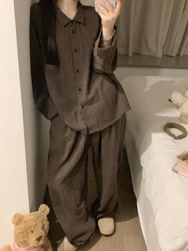 レディース パジャマ セット 長袖 シンプル 単色 二層 綿紗 秋冬 部屋着 柔らかい 綿素材 吸湿 速乾 ゆったり シルエット ベビー スキン ケア ホームウェア