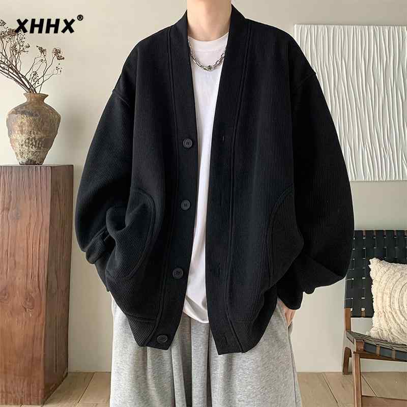 No Sleeve Knit - ジャケット メンズ 開襟 スウェット ブラック ゆったり 厚手 アウター ストリート カジュアル 秋冬 高級感 フィット ヘビーウェイト 外出着 コート