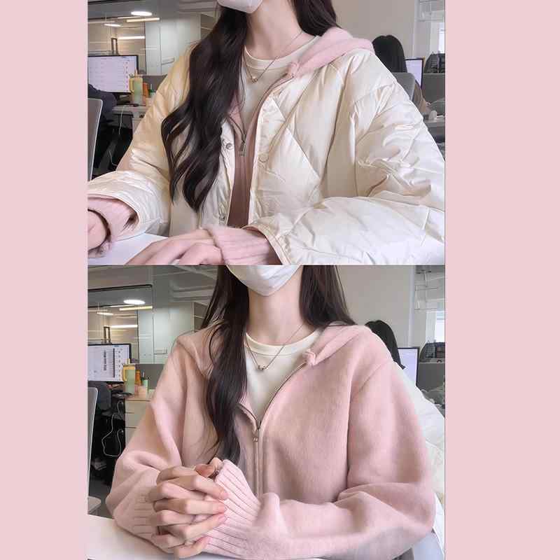 Long-Sleeved Knit - ニットカーディガン レディース 春 ピンク フード付き ショート丈 ゆったり ふわふわ カジュアル アウター 軽量 ソフト素材