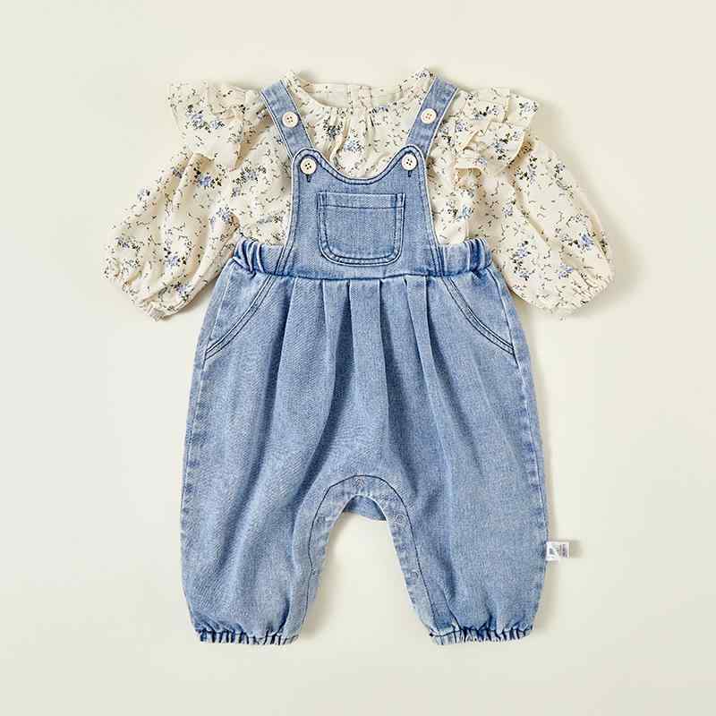 ベビー 秋冬 女の子 セット 牛仔 背広 ストラップ オーバーオール インファント 子供服 かわいい フラワー プリント シャツ トップス デニム 素材 伸縮性 軽量 通年 普段使い 部屋着 かわいい ピンク系 カラー 綿 混 吸湿速乾 機能