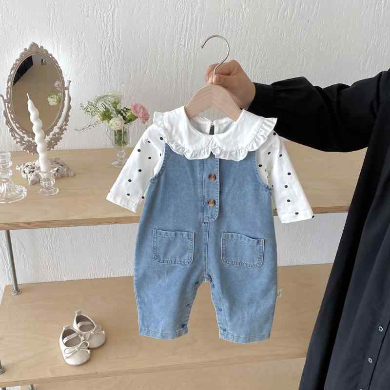 Overalls - ベビー服 セット 男の子 女の子 綿 デニム 背広 ストラップ オーバーオール 長袖 ストライプ トップス 外出 普段使い 伸縮性 軽量 通年