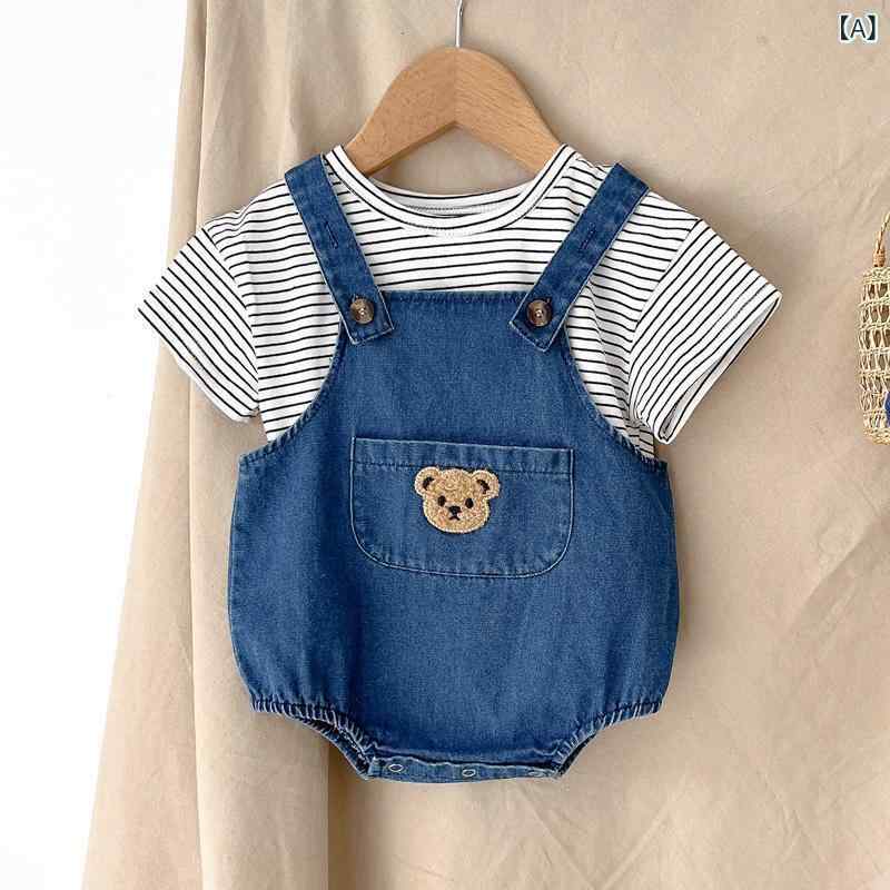 リバーパディのベビー 牛仔 背広ズボン セット 春夏 赤ちゃん 新生児 かわいい 萌 連体服 ハーフスーツ 包おむつ服 通年 綿 軽量 伸縮性 普段使い 部屋着 デニム素材 ゆったりシルエット ピンク系 アイボリー｜アングル2
