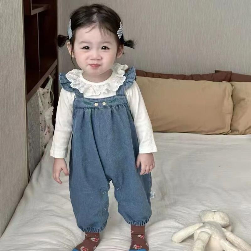 女児 背広ストラップ オーバーオール セット ベビー 女の子 デニム ワンピース インナー トップス かわいい 秋 秋冬 コーデ 伸縮性 軽量 通学 普段使い 遊び着