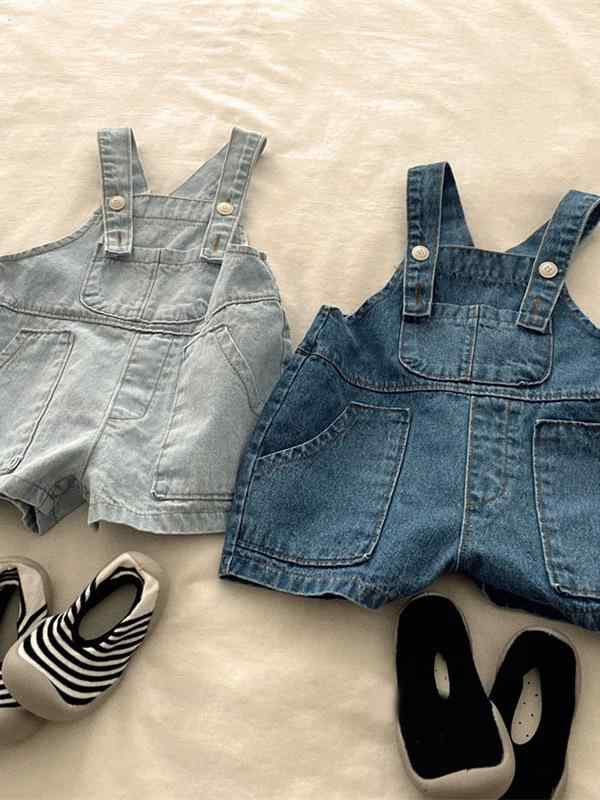 Overalls - キッズ デニム 連体 背広ズボン 牛仔 ワイド シルエット 男の子 女の子 ベビー 子供 口袋 デザイン バックポケット 機能 普段使い 遊び着 伸縮性 軽量 通年
