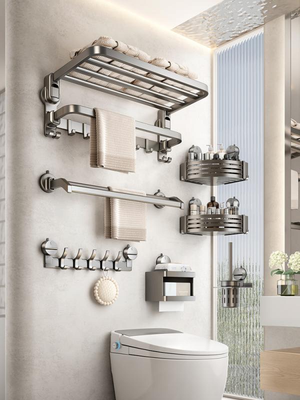 Interior Accessories - タオルハンガー 浴室収納 吸盤式 穴あき不要 一体型 フック ロッド 浴巾ラック 置物棚 壁掛け 整理棚 トイレ用 防水 コンパクト