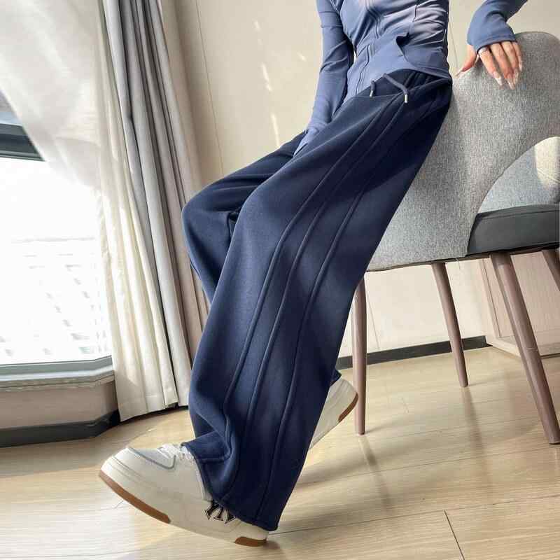 Other - レディース パンツ ワイドレッグ ニット ハイウエスト すっきりシルエット サイド切り替え カジュアル ストレート 紺色 ネイビー 春 普段使い 伸縮性 軽量