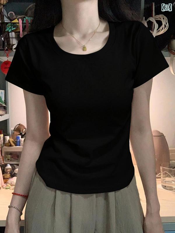 Tシャツ レディース 夏 綿 ショートスリーブ ラウンドネック ストレートショルダー ビッグサイズ 大きめ サイズ スリムフィット スリム効果 白 グレー インナー トップス カジュアルスタイル 普段使い 吸湿速乾 軽量 伸縮性