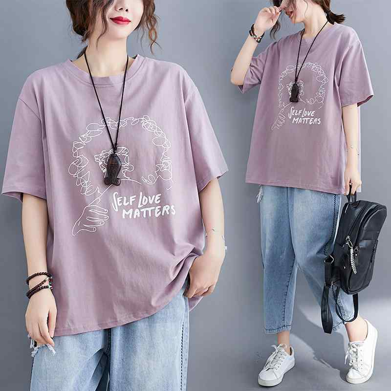 Three-Quarter - レディース 夏用 Tシャツ ゆったり ビッグサイズ お腹カバー 痩せ見せ アルファベットプリント 短袖 トップス インナー 普段使い 軽量 伸縮性