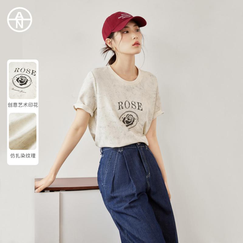 樂天商城 - Tシャツ レディース 夏用 ゆったり フィット スリム効果 コントラストカラー ヴィンテージ加工 バラ柄 ローズプリント 短袖 トップス カジュアル 普段使い ぽっちゃり対応 大きめサイズ 花柄