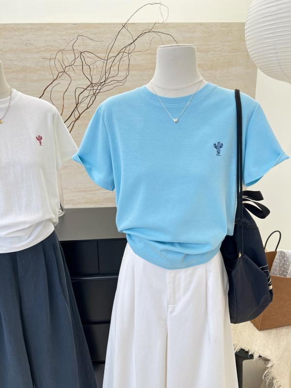 Three-Quarter - Tシャツ 女性用 ゆったり 半袖 韓国 サボテン柄 プリント 大きめサイズ ぽっちゃり対応 フィット 普段使い トップス コットン混 軽量 伸縮性