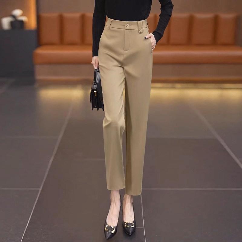 Capri Pants - レディース 夏用 薄手 カーキ色 ハイウエスト ストレートパンツ 通勤 ビジネスカジュアル スリムシルエット 小柄対応 軽量 伸縮性