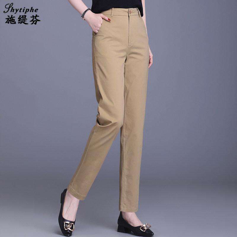 乐天商城 - レディース ハイウエスト ストレートパンツ カーキ 綿素材 春秋 カジュアル 普段使い 小柄対応 快適 軽量