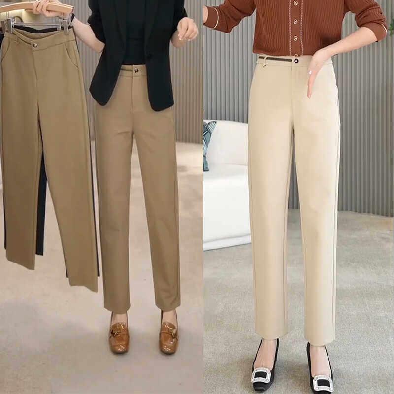 乐天商城 - レディース パンツ 春夏秋 細見せ 9分丈 ストレート ハイウエスト シワ防止 フレンチスタイル 柔らか素材 伸縮性 普段使い 通勤対応 軽量 コットン混 ブラック グレー系