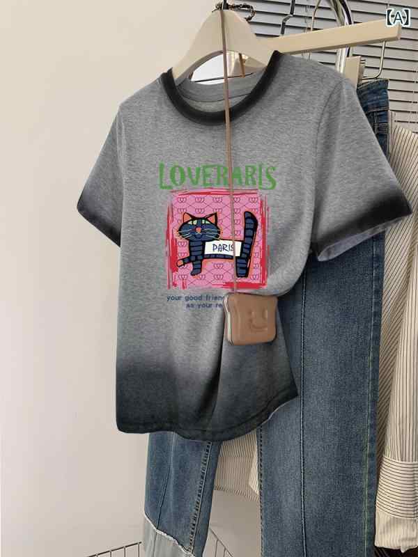レディース 綿 短袖 Tシャツ 夏 レトロ グラデーション コントラストカラー ビッグ...