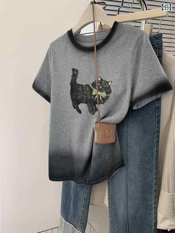 レディース 綿 短袖 Tシャツ 夏 レトロ グラデーション コントラストカラー ビッグサイズ ゆったり トップス カジュアル 普段使い