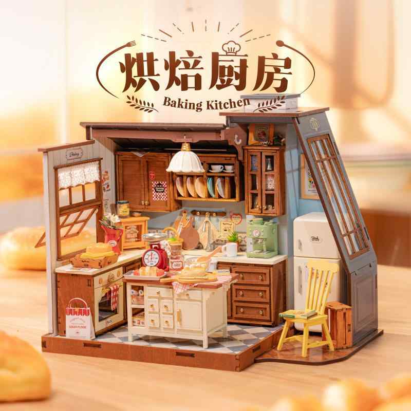 組み立て模型 木製 DIY ベーキング キッチン 小屋 ミニチュア 積み木 クラフト キット 室内デコレーション 趣味用・カテゴリ: 木製玩具・タイプ: 組み立て式・対象年齢: 14歳以上・対象性別: 男女共通・スタイル: 欧風キッチン・素材: 木