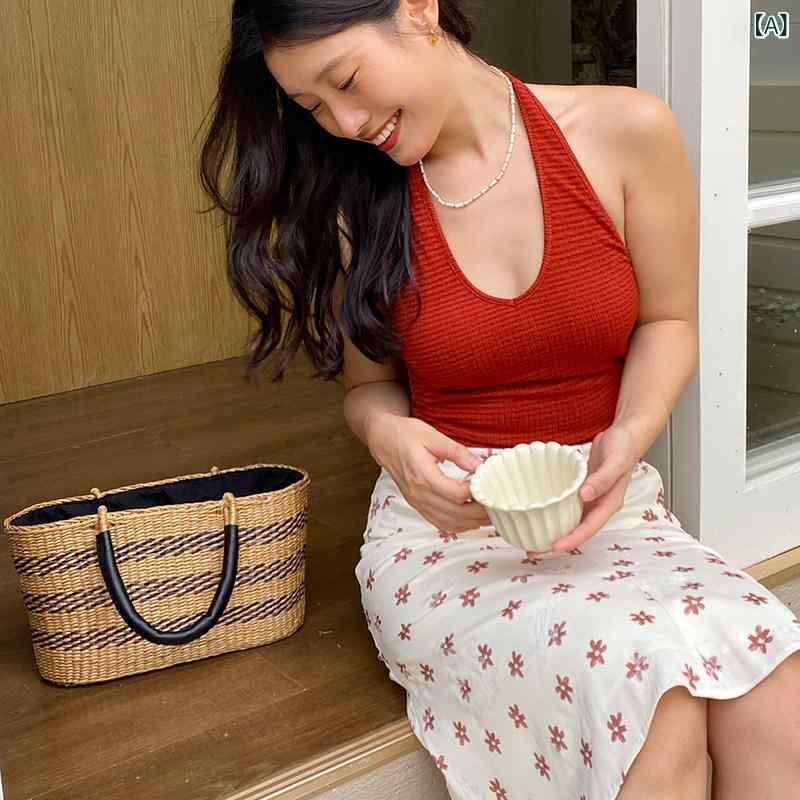 Camisoles - タンクトップ レディース 夏 セクシー 背中開き ハルターネック フランス風 レトロ キャミソール トップス 軽量 伸縮性 普段使い インナー ショート丈 肩紐細め Vネック風