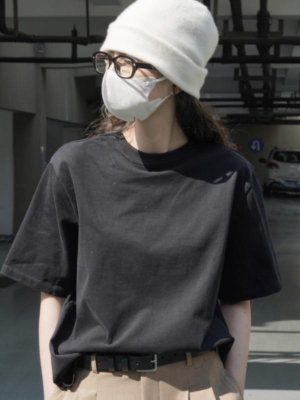 Tシャツ レディース 半袖 トップス カットソー ブラック 黒色 無地 クルーネック 丸首 綿 コットン 風 レトロ ヴィンテージ感 ゆったり ビッグシルエット 体型カバー 着痩せ 細見え 普段使い カジュアル シンプル 春夏 伸縮性 通気性