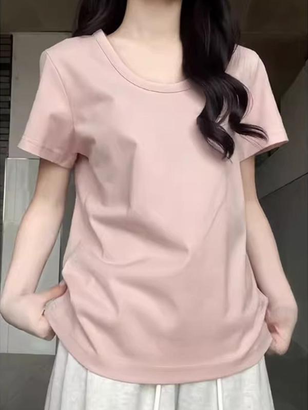 T-Shirts - Tシャツ 女性用 ピンク Uネック ゆったり 短袖 夏用 コットン カジュアル フィット 吸湿性 トップス 部屋着 通勤 普段使い