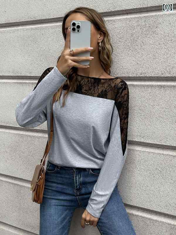 リバーパディのTシャツ レディース 長袖 カットソー トップス レース 切り替え 花柄 丸首 クルーネック セクシー エレガント きれいめ 透け感 薄手 柔らかい 肌触り 伸縮性 フィット感 動きやすい カジュアル フォーマル お呼ばれ パーティー デート 通勤 通学｜アングル2