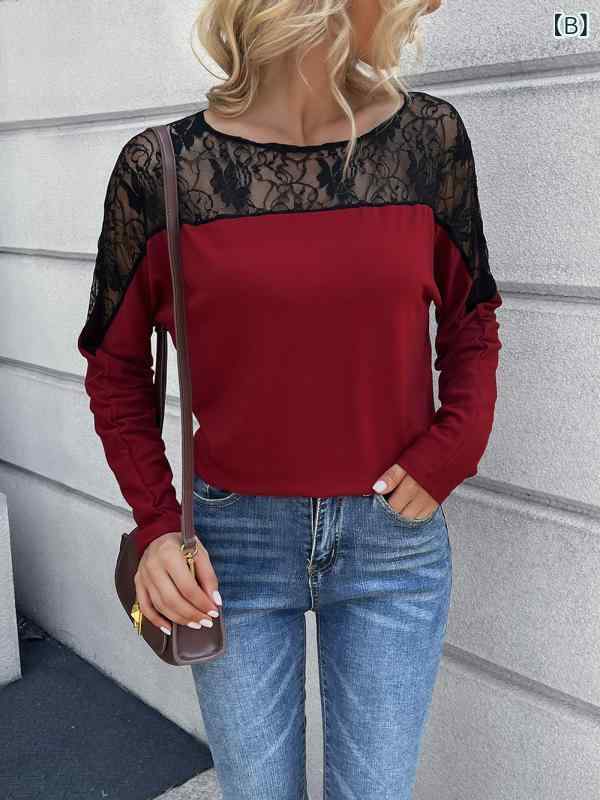 リバーパディのTシャツ レディース 長袖 カットソー トップス レース 切り替え 花柄 丸首 クルーネック セクシー エレガント きれいめ 透け感 薄手 柔らかい 肌触り 伸縮性 フィット感 動きやすい カジュアル フォーマル お呼ばれ パーティー デート 通勤 通学｜アングル3