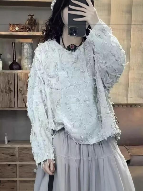 乐天商城 - 長袖 Tシャツ 女性用 春夏 復古 文学的 小衆 個性 デザイン ゆったり 大きめ 体型カバー ゆったり カジュアル トップス コットン 混紡 生地 伸縮性 軽量 部屋着 普段使い ブラック グレー ピンク系 ベージュ アイボリー Vネック ラウンドネッ