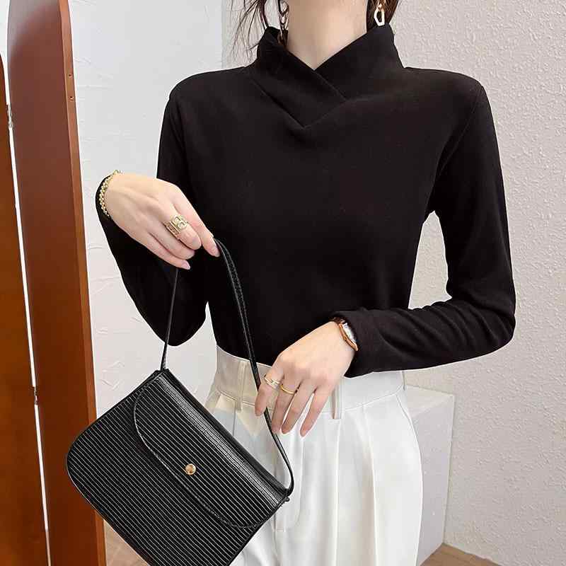 Three-Quarter - 長袖 Tシャツ トップス レディース 秋冬 暖か 加厚 磨毛 修身 フィット 大きいサイズ ダブルフェイス デニールフリース 半高め 襟 暖房 保温 柔らか 肌触り 伸縮性 普段使い 通勤 通学 デイリー コットン混 ポリエステル グレー系 ブラック ネ