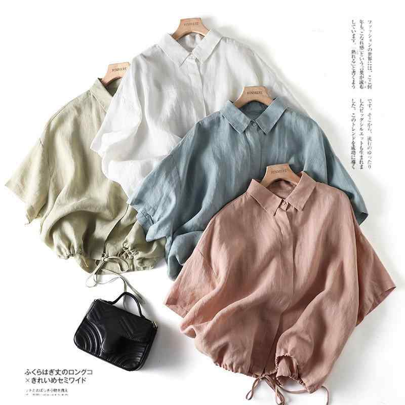 レディース 半袖シャツ 日系 リネン コットン麻 ゆったり 裾ドローコード トップス 普段使い 軽量 吸湿速乾 コーディネートしやすい ナ..