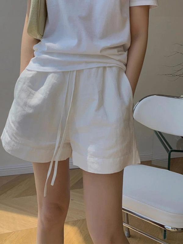 ショートパンツ レディース 夏用 麻 綿 5分丈 ボトムス パンツ キュロット ハーフパンツ 短パン ワイドパンツ Aライン 薄手 涼しい ドローストリング ウエストゴム 部屋着 ルームウェア 普段使い カジュアル 無地 ホワイト