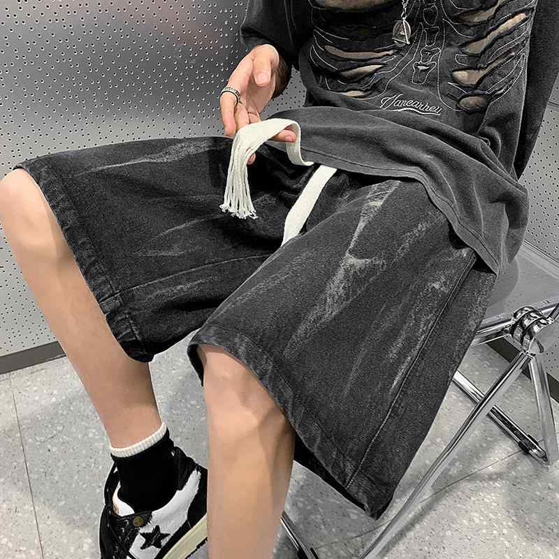 ハーフパンツ メンズ 大きいサイズ 体型カバー 着痩せ 細見え お腹周り ジーパン ジーンズ デニム パンツ ボトムス 五分丈 膝丈 5分丈 ワイド フィット ゆったり ウエストゴム 紐付き ドローコード ウォッシュ加工 ユーズド風 アメカジ レ