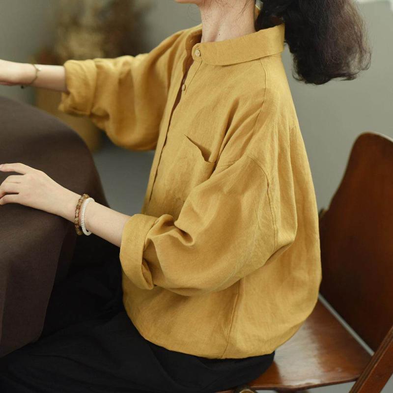乐天商城 - 春夏 ゆったり カジュアル ピーターパン襟 麻 シャツ トップス リネン フィット 軽量 通勤 普段使い スタンドカラー ソフトタッチ