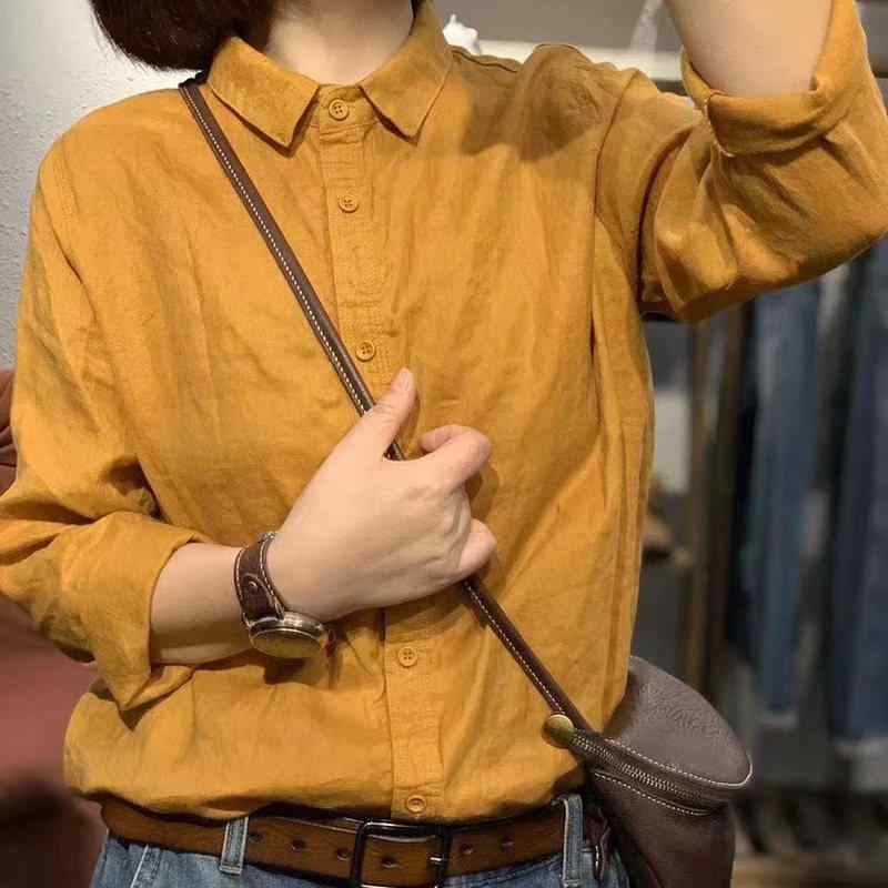 シャツ レディース トップス 春夏 長袖 綿麻 亜麻 リネン レトロ 文芸風 カジュアル 普段使い 通勤用 通学 部屋着 楽ちん ビッグシルエット オーバーサイズ プルオーバー 無地 シンプル ナチュラル 重ね着 インナーシャツ 羽織り 軽量 通気性 涼