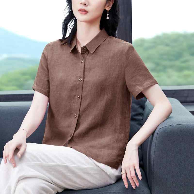 レディース 春夏 短袖 麻 シャツ シンプル カジュアル トップス ショート丈 軽量 吸湿速乾 日常使い ブラウス 風通し良い ナチュラル ..
