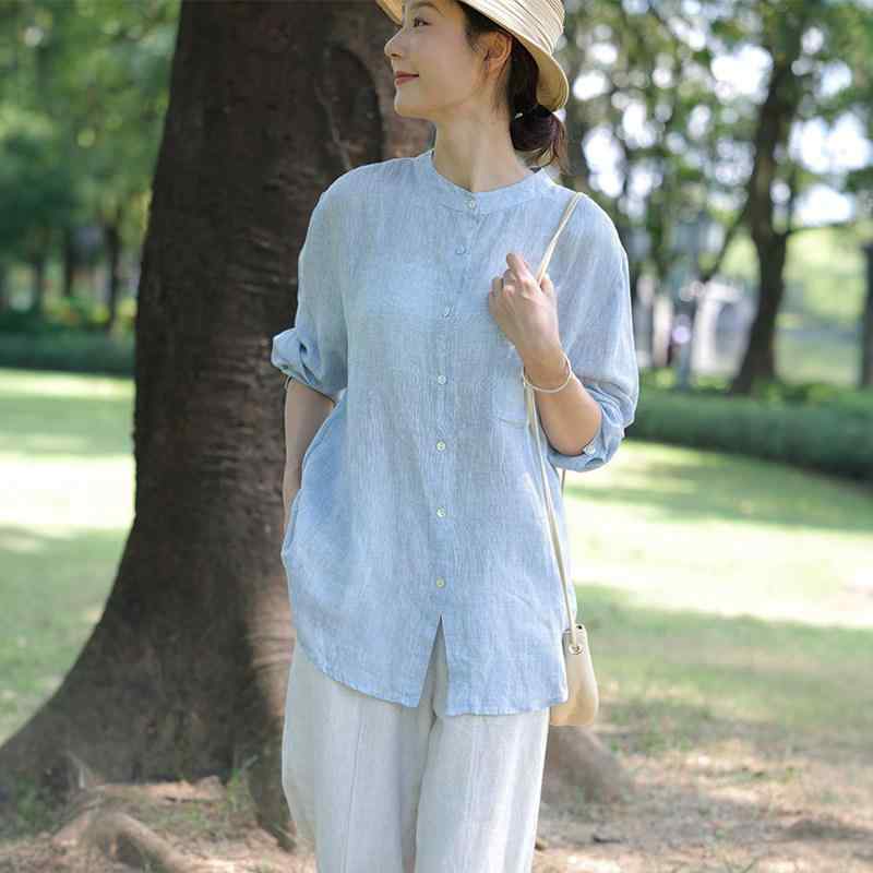 シャツ レディース 長袖 リネン 色織り ゆったり 春夏 立襟 カジュアル トップス ビンテージ ボヘミアン 軽量 通気性 吸湿 普段使い コーディネート