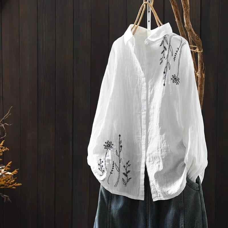 レディース ゆったり長袖 刺繍花柄 コットンリネン ブラウス 高級感 レトロ風 春秋 ボヘミアン トップス 軽量 通勤用 普段使い 伸縮性 吸湿速乾 再生繊維 Vネック ブラック ピンク系 アイボリー
