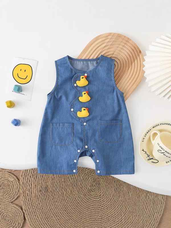 Overalls - ベビー ワンピース コットン デニム 直筒型 連体服 夏 接触冷感 伸縮性 軽量 かわいい 動物柄 ピンク系 アイボリー 部屋着 普段使い 赤ちゃん 幼児 男の子 女の子 通年