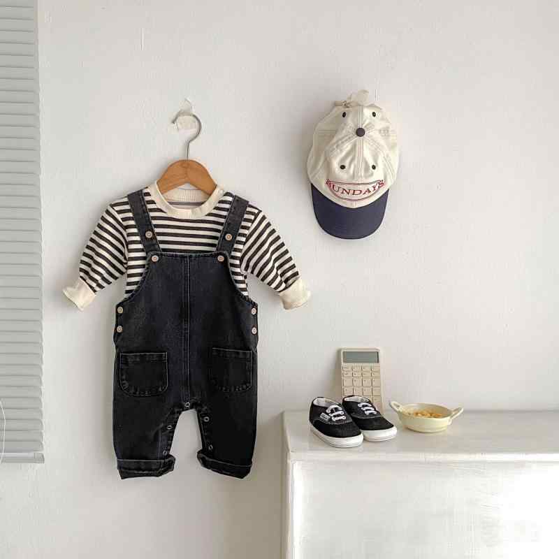 Overalls - ベビー服 春夏 男の子 女の子 赤ちゃん 服 セット デニム ロンパース 長袖 ストライプ 包おむつパンツ 綿素材 伸縮性 軽量 かわいい デザイン 通年 普段使い
