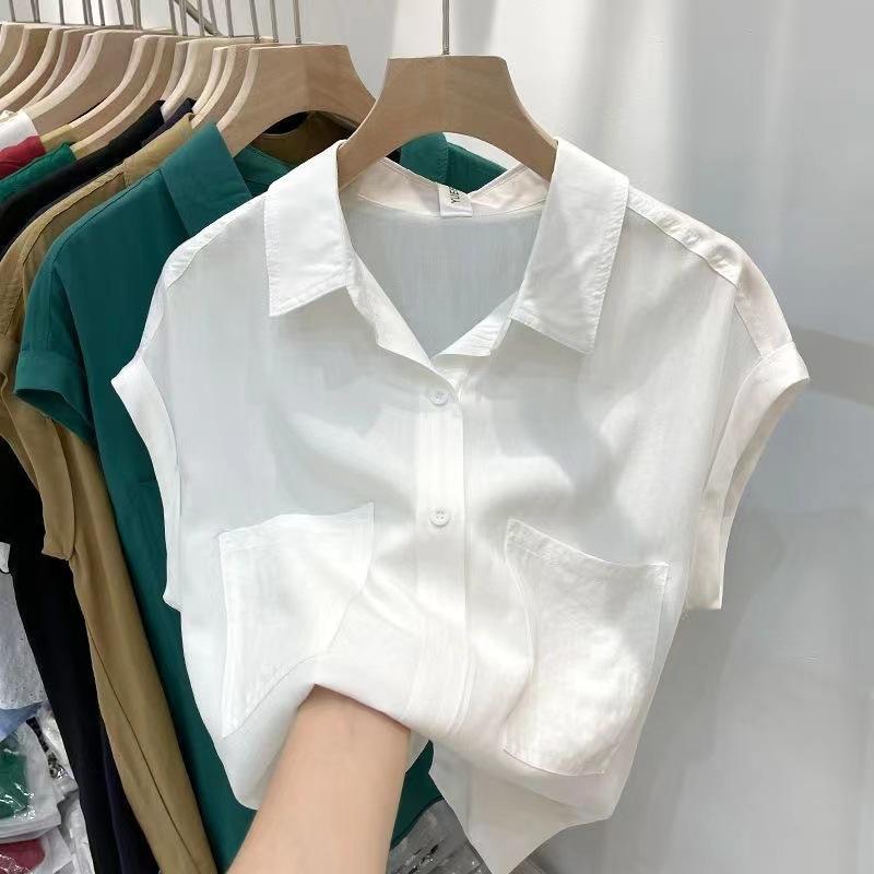 樂天商城 - 無袖 ブラウス レディース 開襟 シャツ 夏 トップス 女性用 上衣 開衫 スリムフィット 大きいサイズ インナー 綿素材 軽量 通気性 シンプル デザイン 普段使い ブラック ホワイト カジュアル