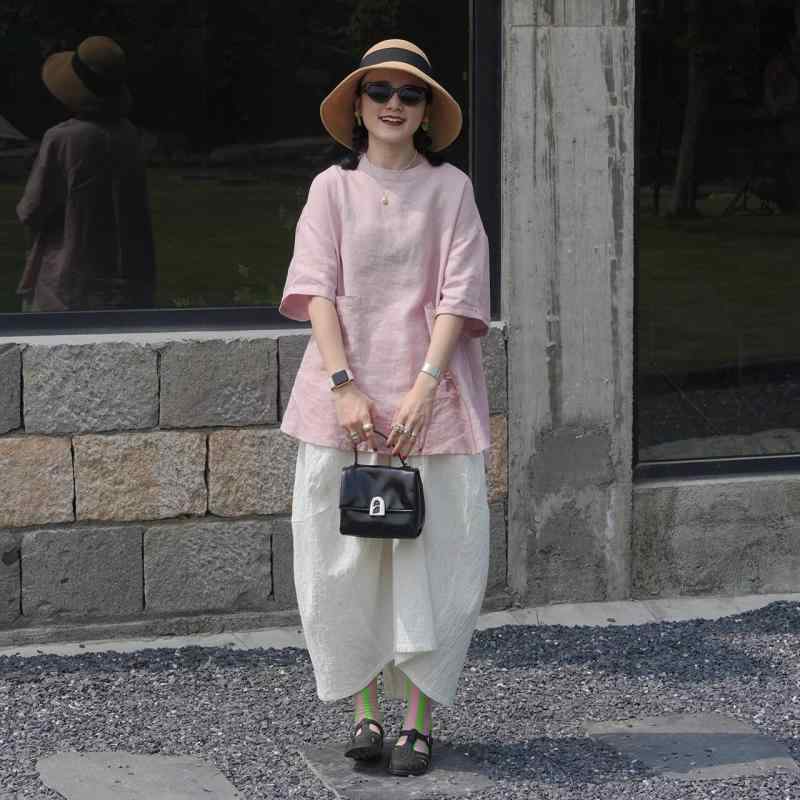 レディース リネン 中袖 シャツ ゆったり シルエット トップス 春夏 カジュアル 通気性 吸湿速乾 軽量 ナチュラル