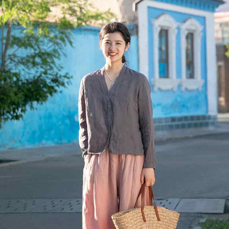 レディース Vネック 長袖 麻 シャツ 薄手 夏用 UVカット 紫外線対策 カジュアル 日常使い 軽量 リネン トップス ゆったり シルエット