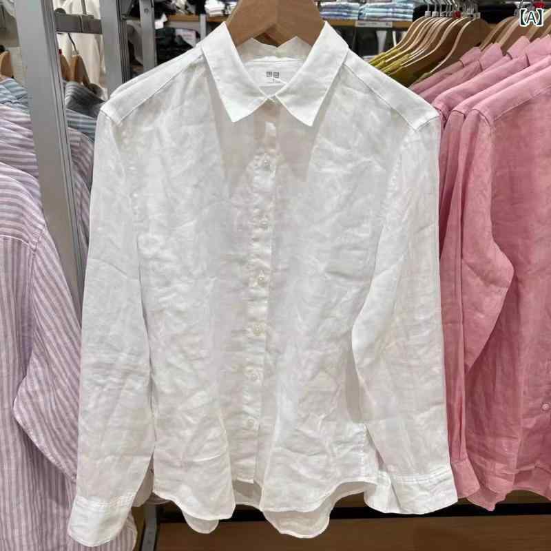 シャツ レディース 長袖 リネン インナー トップス 日常使い 通気性 軽量 綿混 シンプル 2