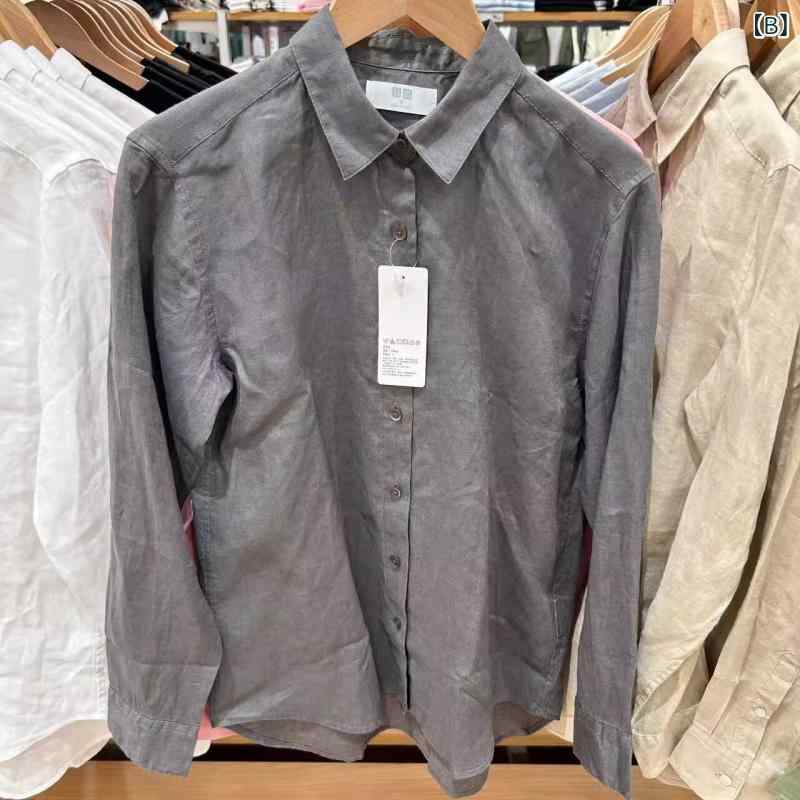 シャツ レディース 長袖 リネン インナー トップス 日常使い 通気性 軽量 綿混 シンプル 3