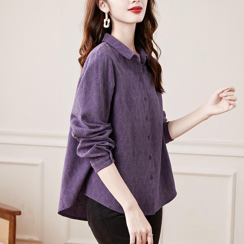 レディース シャツ 春夏 カジュアル 高級感 パープル ブラウス トップス 普段使い 大人女性用 ミセス スタイリッシュ 軽やか シルエット・・シルエット: ・柄: 無地・袖丈: 長袖・襟型: ・丈: 標準・フロント: シングルブレスト.多ボタン・主な素材: 綿70%.麻30%・機能: UVカット・対象年齢: 40-49歳・サイズ展開: M.L.XL.2XL.3XL・カラー展開: 紫