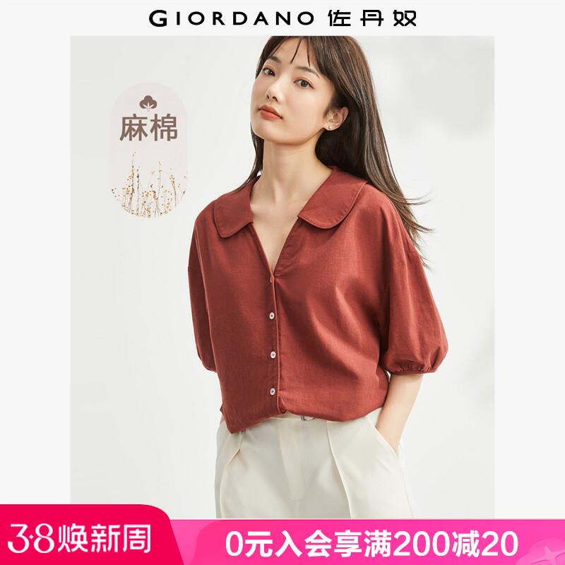 レディース 薄手 リネン ブラウス ドールカラー パフスリーブ コットン混 クラシックスタイル 軽量 吸湿性 通勤用 普段使い