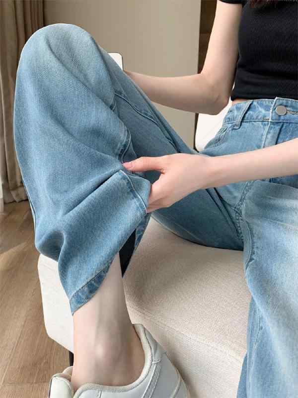 ジーンズ レディース 大きいサイズ 接触冷感 デニムパンツ 薄手 ジーパン ワイドパンツ ロングパンツ ゆったり 体型カバー 着痩せ 細見え お腹周り 梨地 ハイウエスト 伸縮性 通気性 カジュアル ボトムス 普段使い 通勤 青