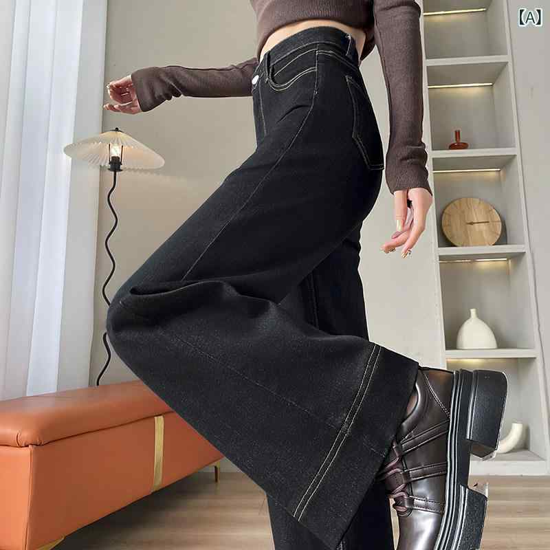 Other - レディース デニムパンツ ハイウエスト ワイドレッグ フィット ブラック ゴールド 春秋 ストレッチ素材 柔らか スリム効果 小柄対応 普段使い 通勤用 軽量