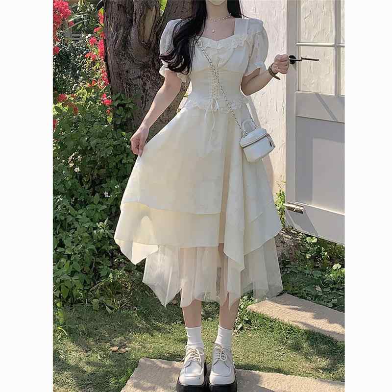 洋裝套裝 - レディース ワンピース 白 夏用 小柄向け シフォン フレア プリンセス風 フェアリー ロングドレス 軽やか フェミニン チュールドレス 膝下丈 ガーリー 花柄風 爽やか 日常使い