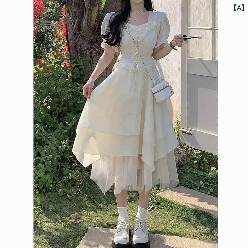 レディース ワンピース 白 夏用 小柄向け シフォン フレア プリンセス風 フェアリ...